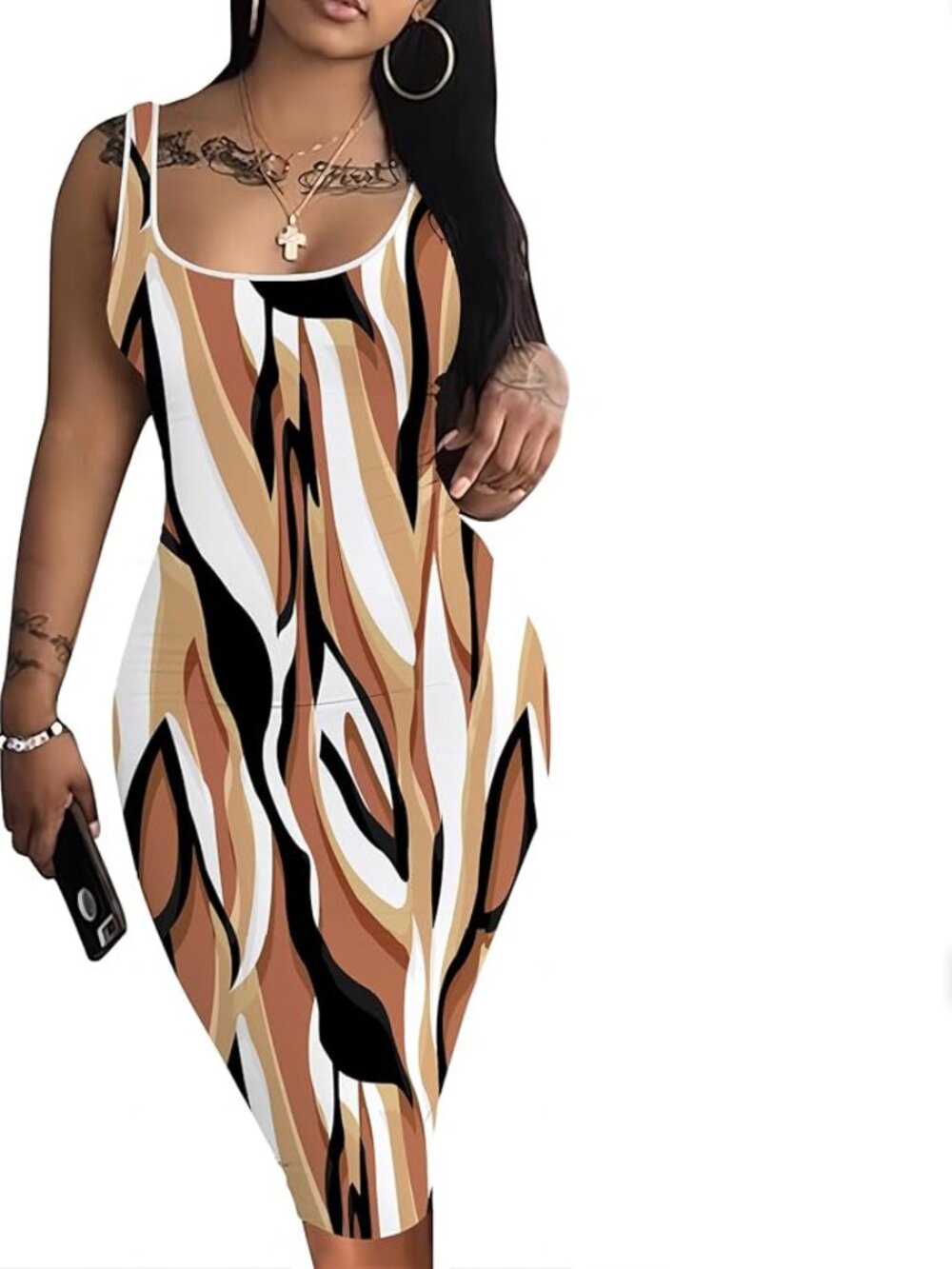 Abstract Animal Print Tank Dress in White, Black & Beige